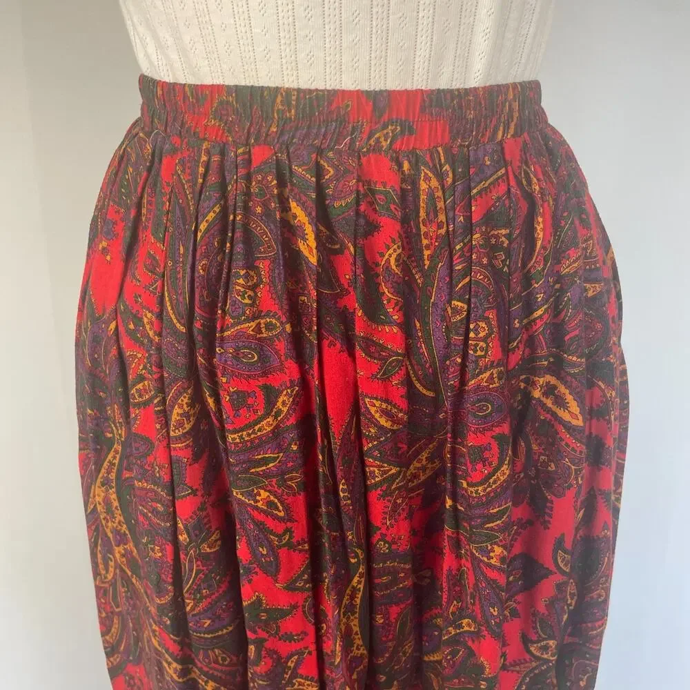 Vintage Midi Skirt Size 10 Red Paisley Pleated A Line Retro Preppy Academia 90s